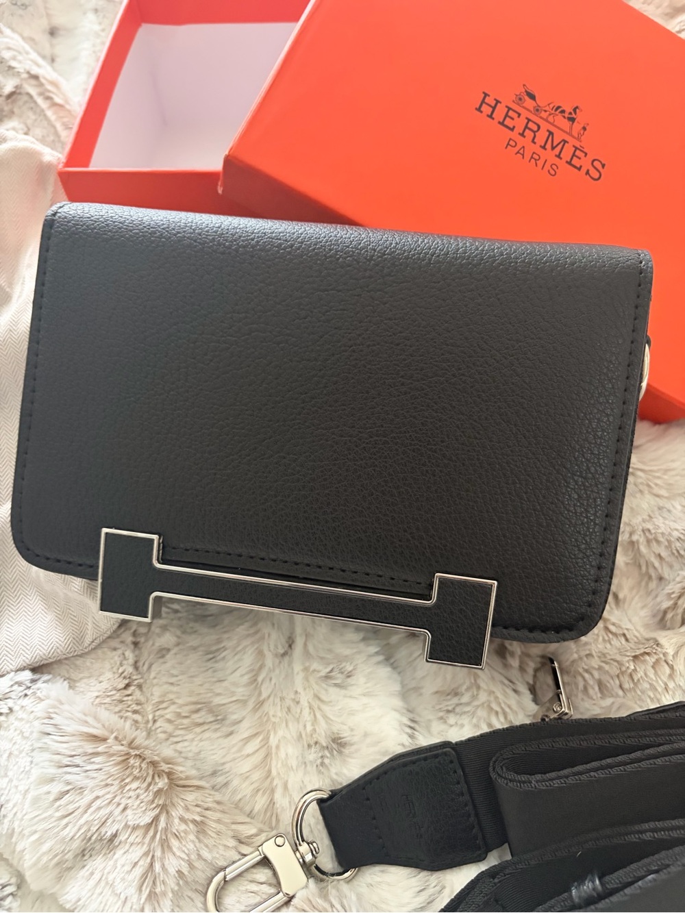 Inspired Black Leather Crossbody with Orange Box Accent - Picture 2 of 10